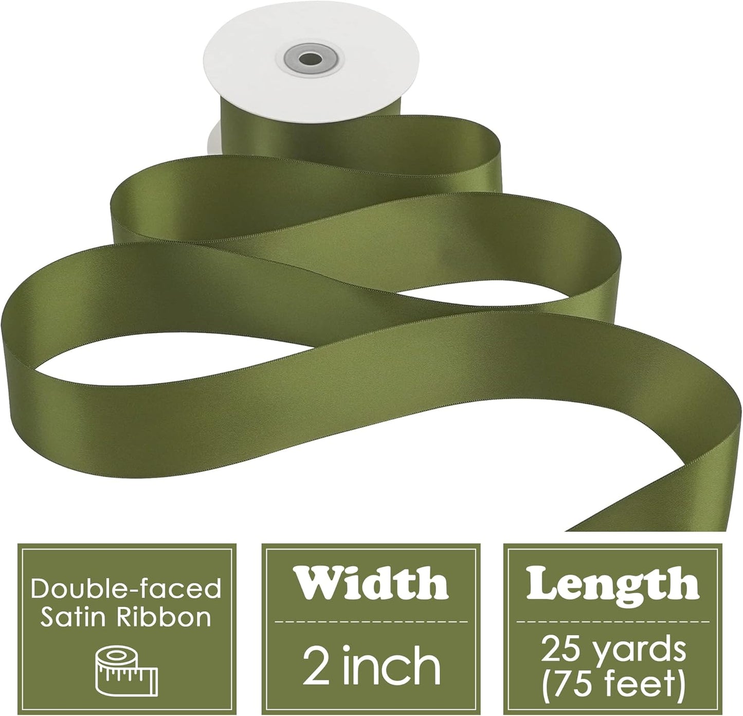 HUIHUANG Moss Green Ribbon 2 inch Double Face Green Satin Ribbon Olive Green Ribbon for for Flower Bouquet Wrap, Wedding Invitations Card, Gift Wrapping, Holiday Decor, Bows Crafts -25 Yards/Roll