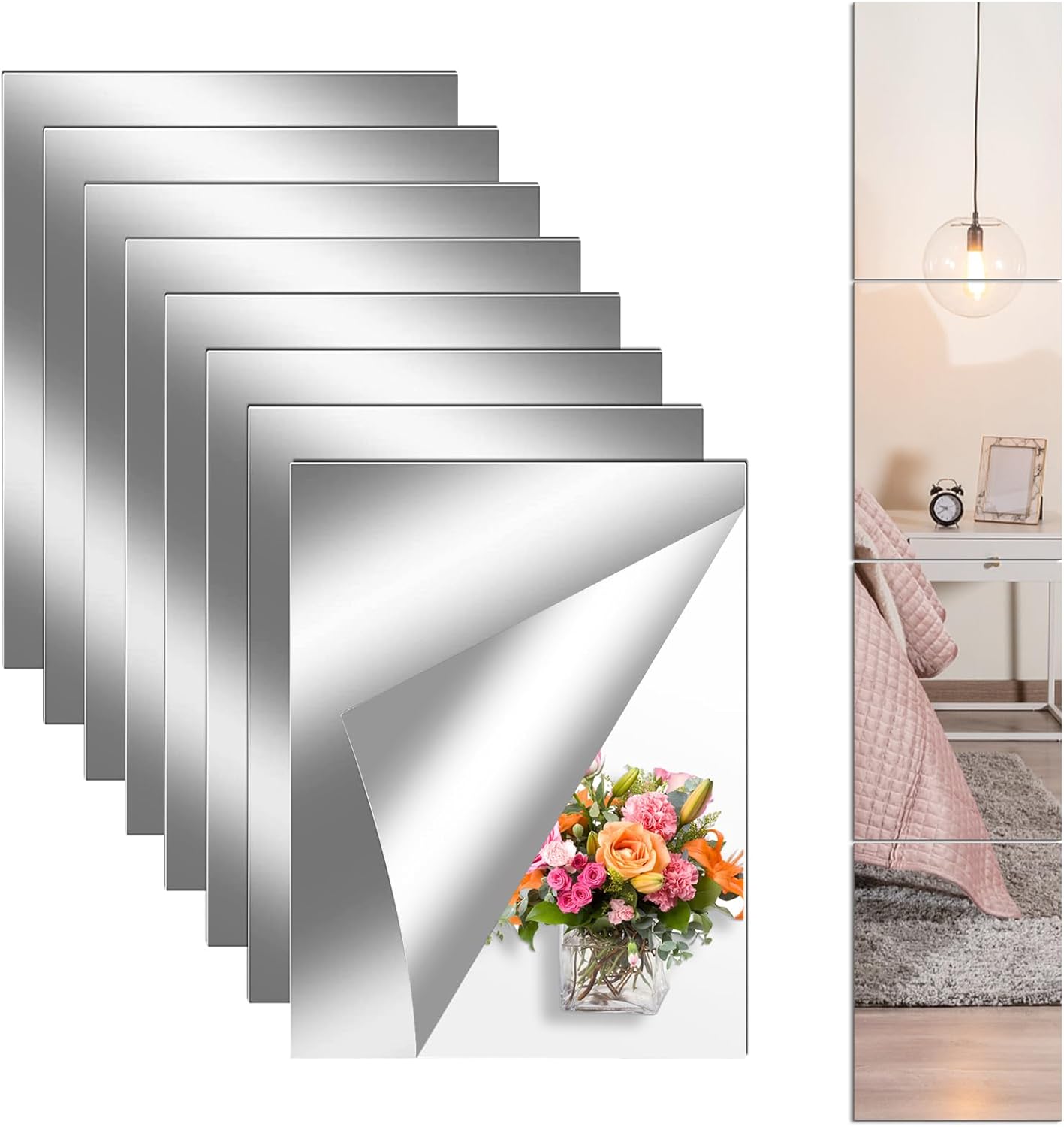 8PCS Self-Adhesive Acrylic Mirror Tiles, Flexible Wall Stickers, Frameless Non-Glass Mirror Stickers, 20 * 30cm, 2mm