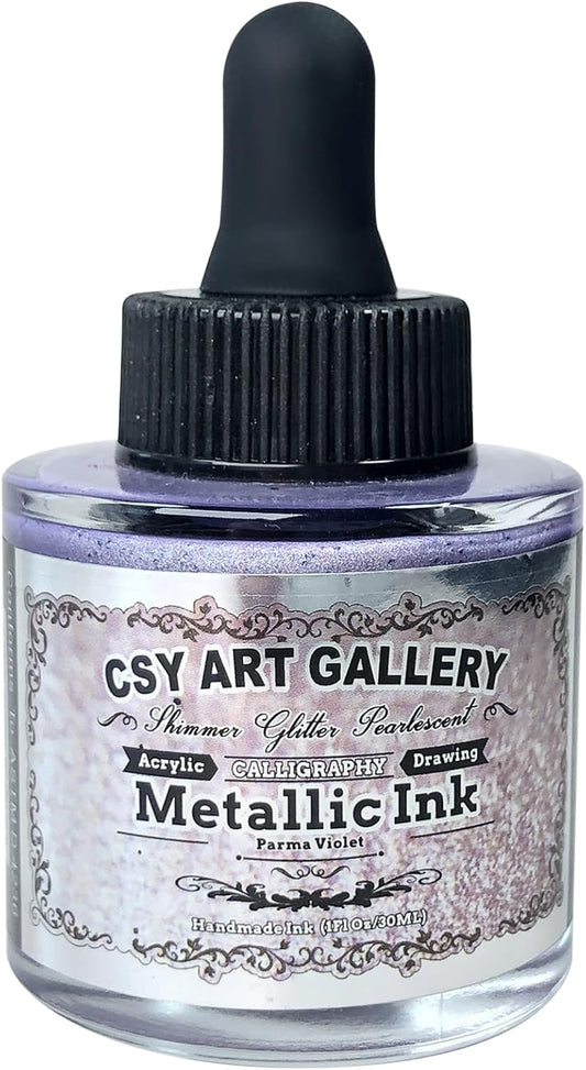 CSY art gallery Metallic Acrylic Ink-Craft Paint-Calligraphy Inks,Glitter-Pearlescent -Parma Violet Drawing Ink Liquid Gold Leaf Paints with Dropper, 1oz - 29.5 ml