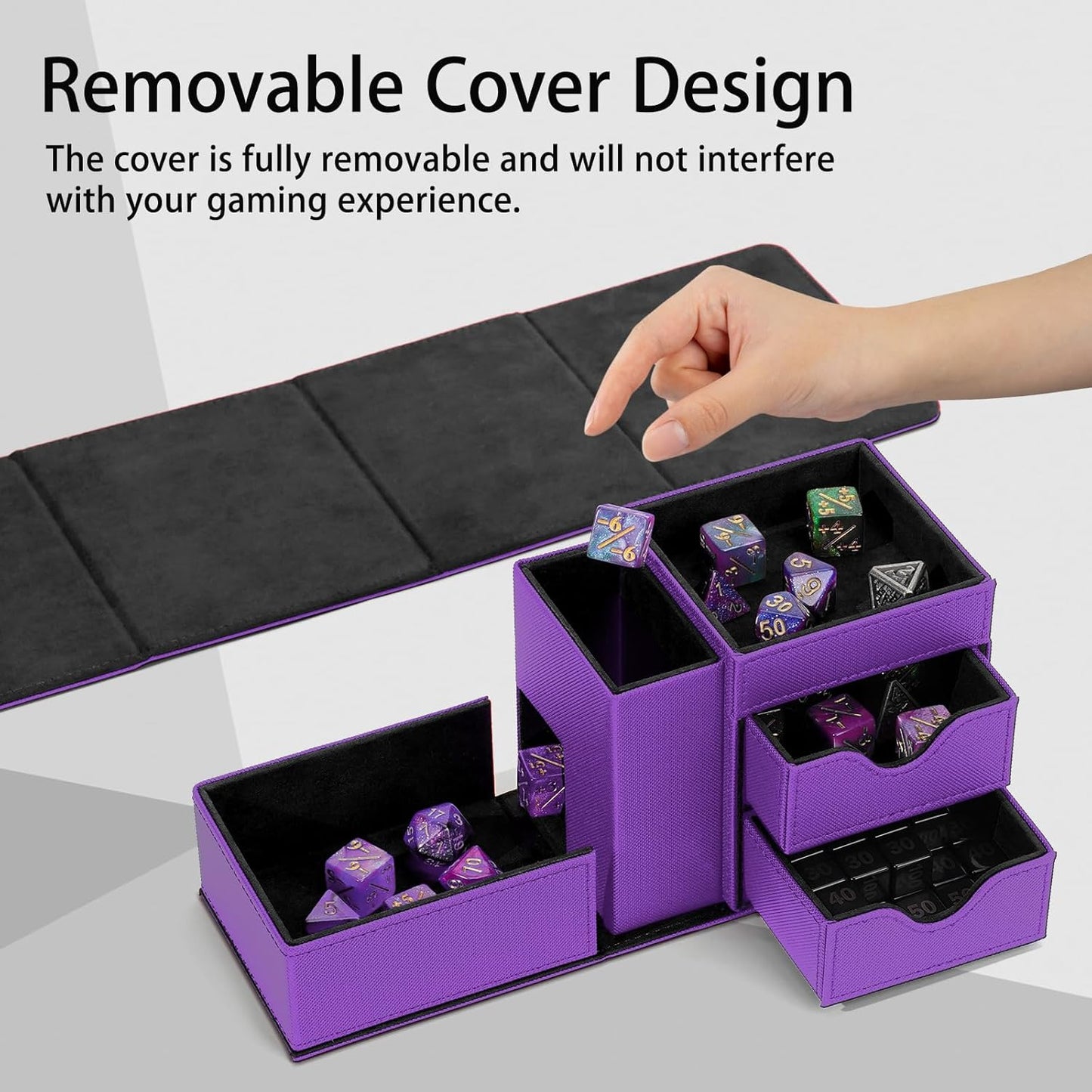 Dice Tower & Dice Tray Storage Box, 3 in 1 Dice Holder Case (Rolling Tower Storage Drawers, Dice Rolling Tray), Leather Magnetic Closure DND Accessories Gifts for RPG MTG, Violet/Black