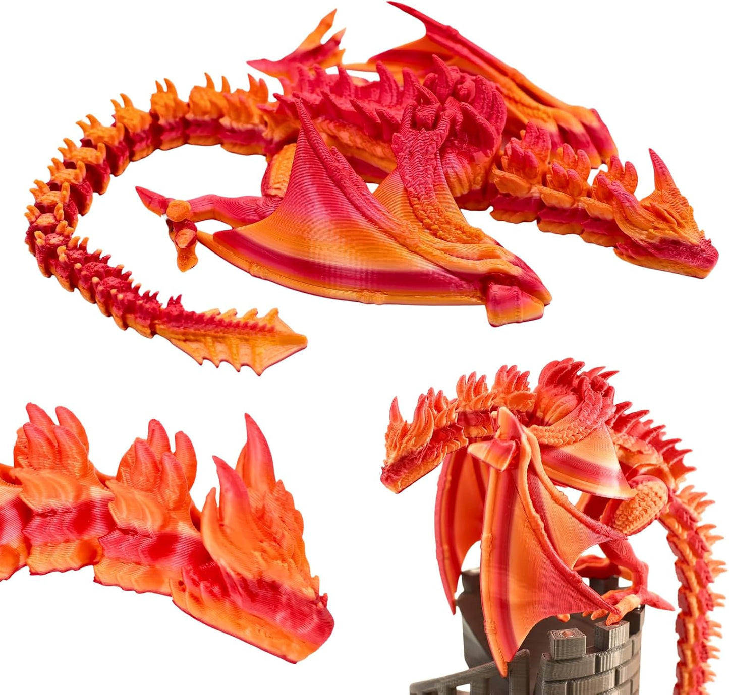 3D Printed Dragon - 12 inch Flying Flexible Dragon with Wings, Home Decor, Birthday Gift, Desk Pet(Red Black-Dragon)(Red Gold-Dragon)