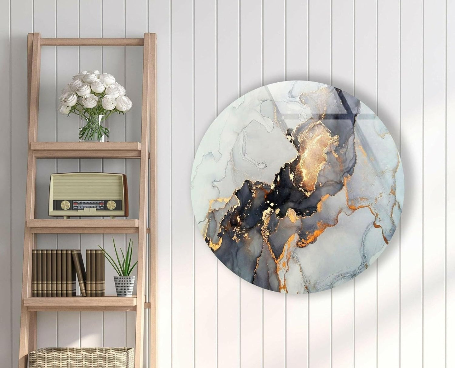 My Photostation.com 24''(60cm) Diameter Gold Details Gray Marble Round Glass Wall Art Tempered Glass Printing Wall Decor Large Wall Art Wall Hangings