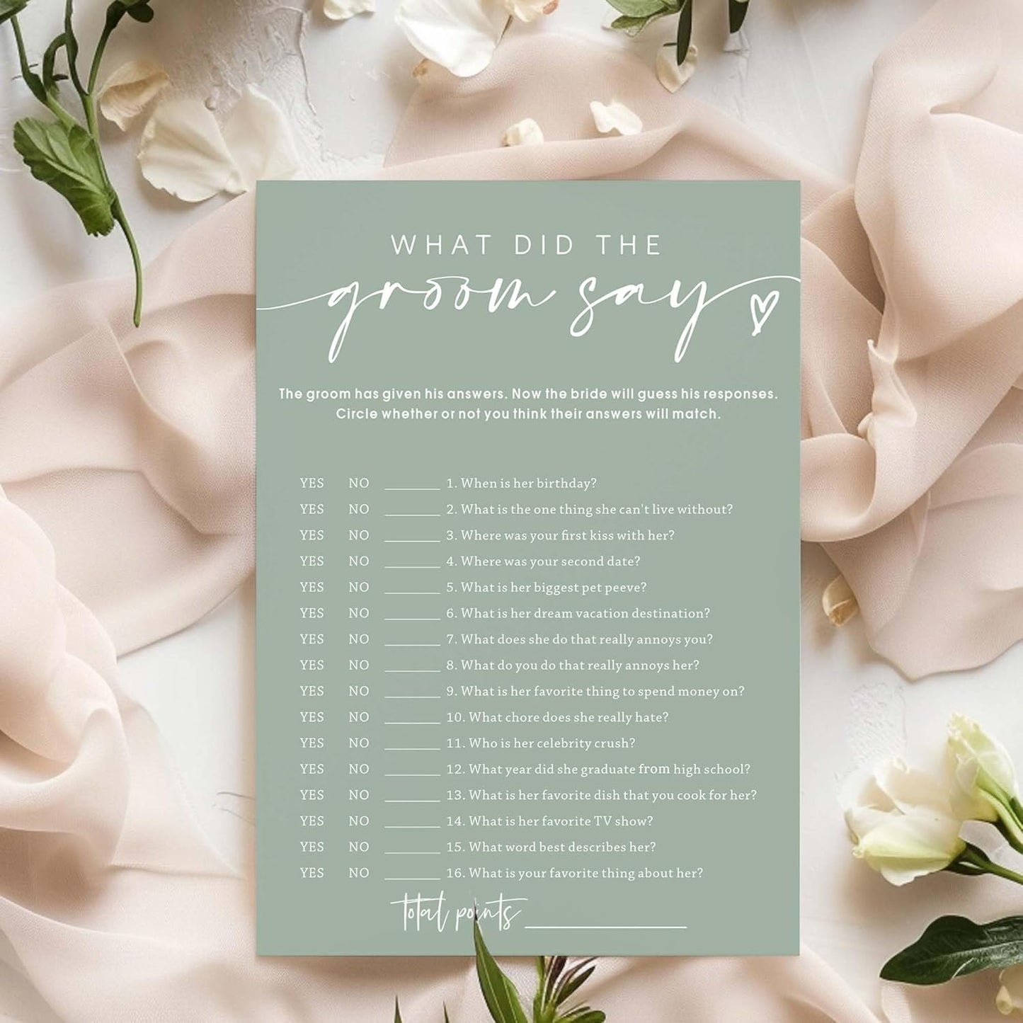 Bridal Shower Games Cards & What Did the Groom Say - 25 Guest Engagement Party Wedding Games - Minimalist Green Wedding Party Supplies - C12