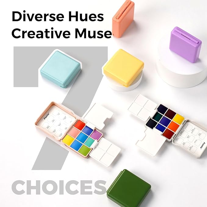 Funto Mini Watercolor Set Travel Kit with 9 Colors, Leather Bag & Watercolor Paper, Portable Drawing & Painting Supplies for Beginners, Art Gift Set