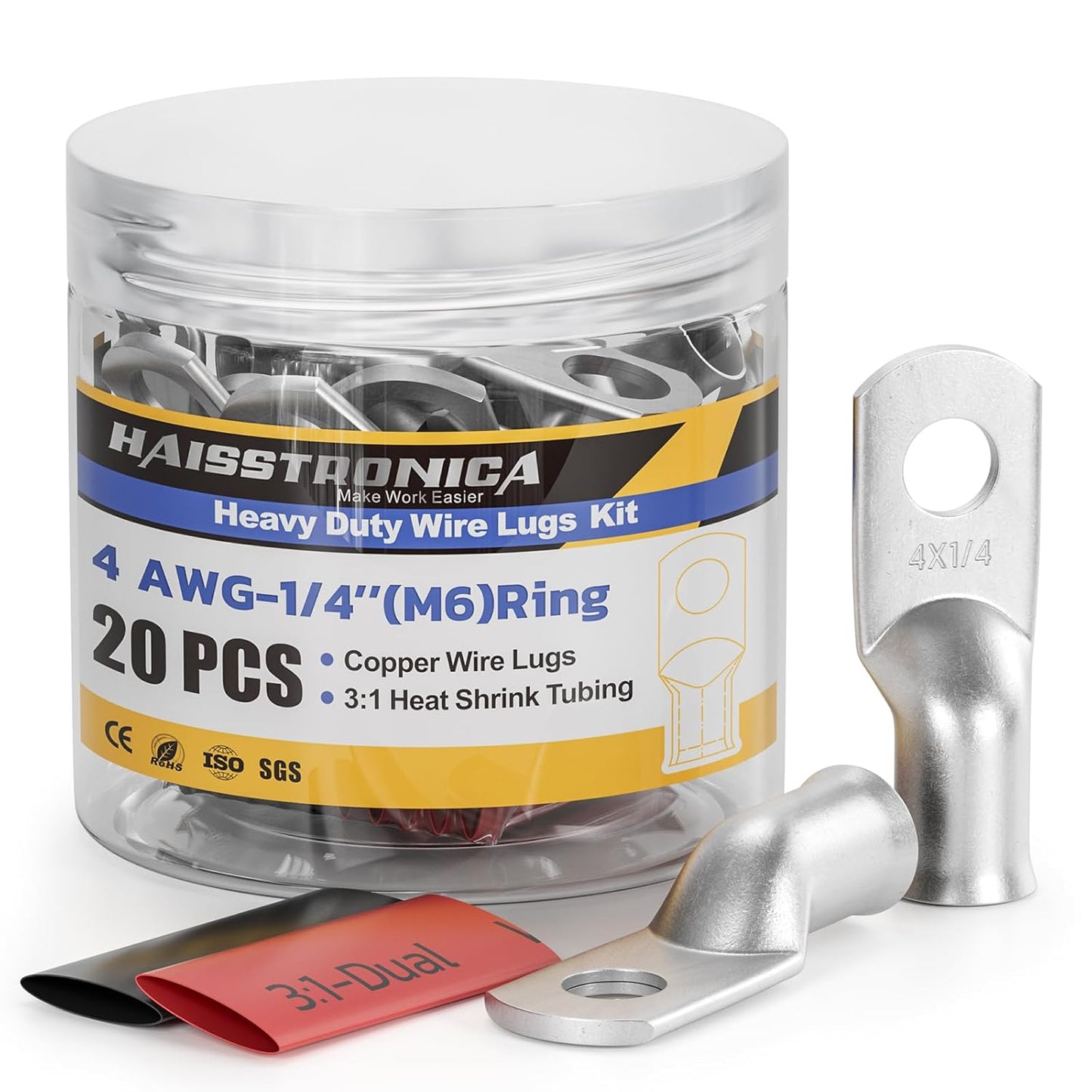 haisstronica 10pcs 4 AWG - 1/4" (M6) Tinned Copper Battery Lugs, Heavy Duty Copper Wire Lugs with 10pcs 3:1 Adhesive Heat Shrink Tubing,4 Gauge Wire Lugs,Tinned Copper Battery Cable Ends