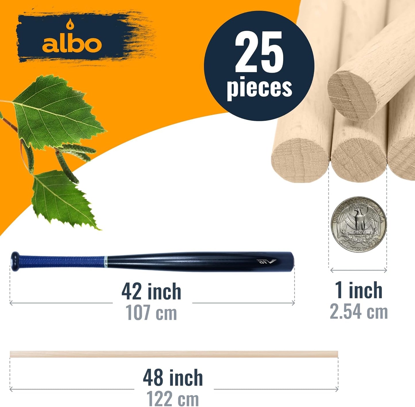 ALBO 1" x 48" Wooden Dowel Rods Set - 25 Pack Birch Natural Long Craft Sticks Rails Shelf Supports Garden Hardwood Smooth Finish Woodworking Material DIY Furniture Bulk Professional