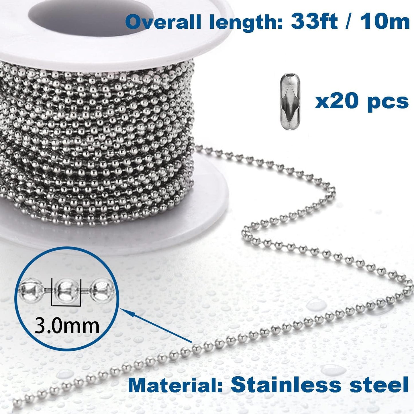 Jishi Steel Ball Chain Bead Dog Tag Chain Beaded Necklace Chains for Jewelry Making Bracelet Military Crafts, Silver Metal Pull Chain Small Ball Bead Chain Roll w/20 Connectors (Silver, 33ft 3.0mm)