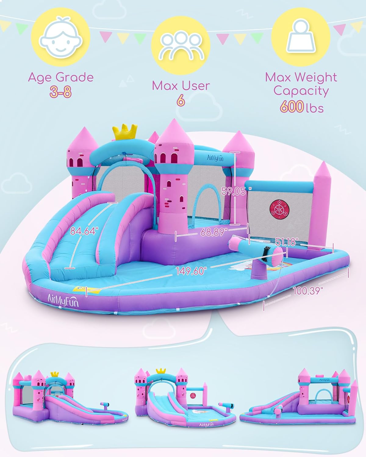 AirMyFun Pink Inflatable Waterslide, Water Bounce House for Big Kids 3-12 in The Backyard- Water Bouncy House for Wet and Dry, Splash Pool - Sturdy Outdoor Bouncer/Castle - Includes Blower& Repair Kit
