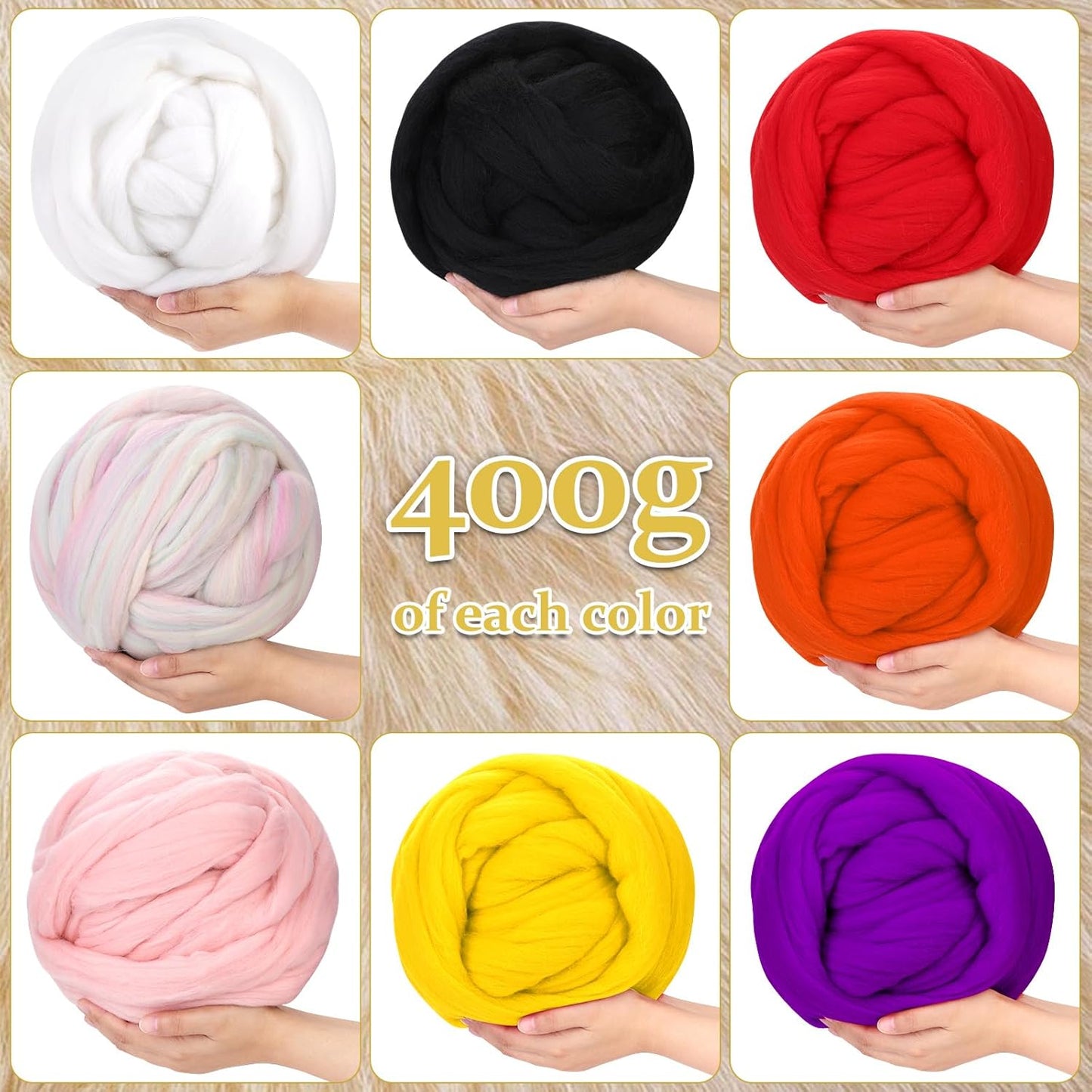 QMNNMA Wool Roving 0.88 lb (14.1 Ounces), Colored Natural Wool Roving for Spinning, Soft Chunky Yarn for Wool Felting, Felting Pad, Felting Supply, Wool Yarn Bulk, Carded Stuffing