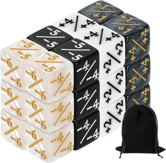 uxcell 24Pcs Magic Dice Counters, Acrylic D6 Life Token Dice Set with Pouch for Standard Cards Gaming Accessories, White Marble, Black Marble, White, Black
