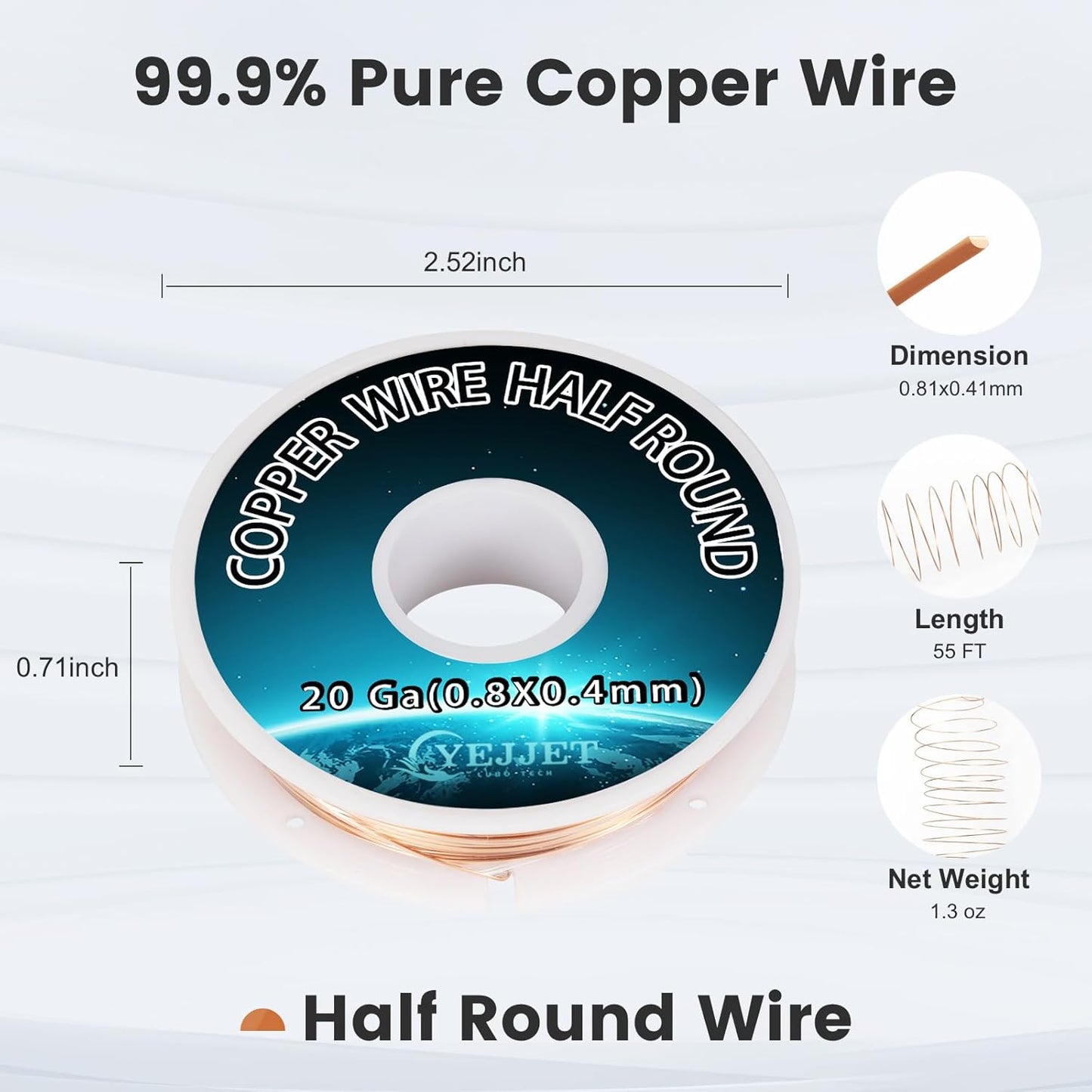 20 Gauge Half-Round Copper Wire 0.81x0.41mm - 1.3 oz (55 Feet) Pure Copper Craft Wire for Sculpting & Circuitry