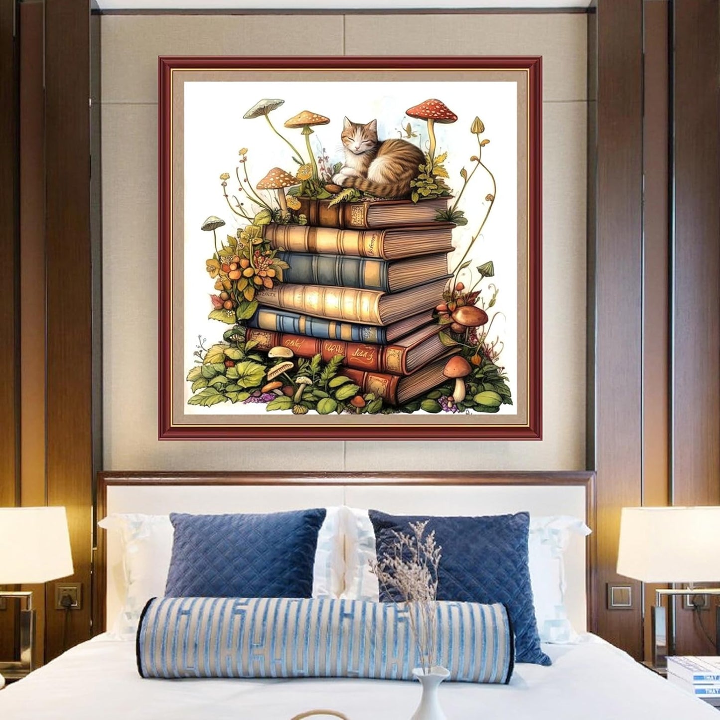 DMCXART Counted Cross Stitch Kits for Adults Needlepoint Kits Unprinted Cross Stitching Embroidery Kit 11CT Cross Stitch Supplies-Cat Books Flowers 18x18 inch