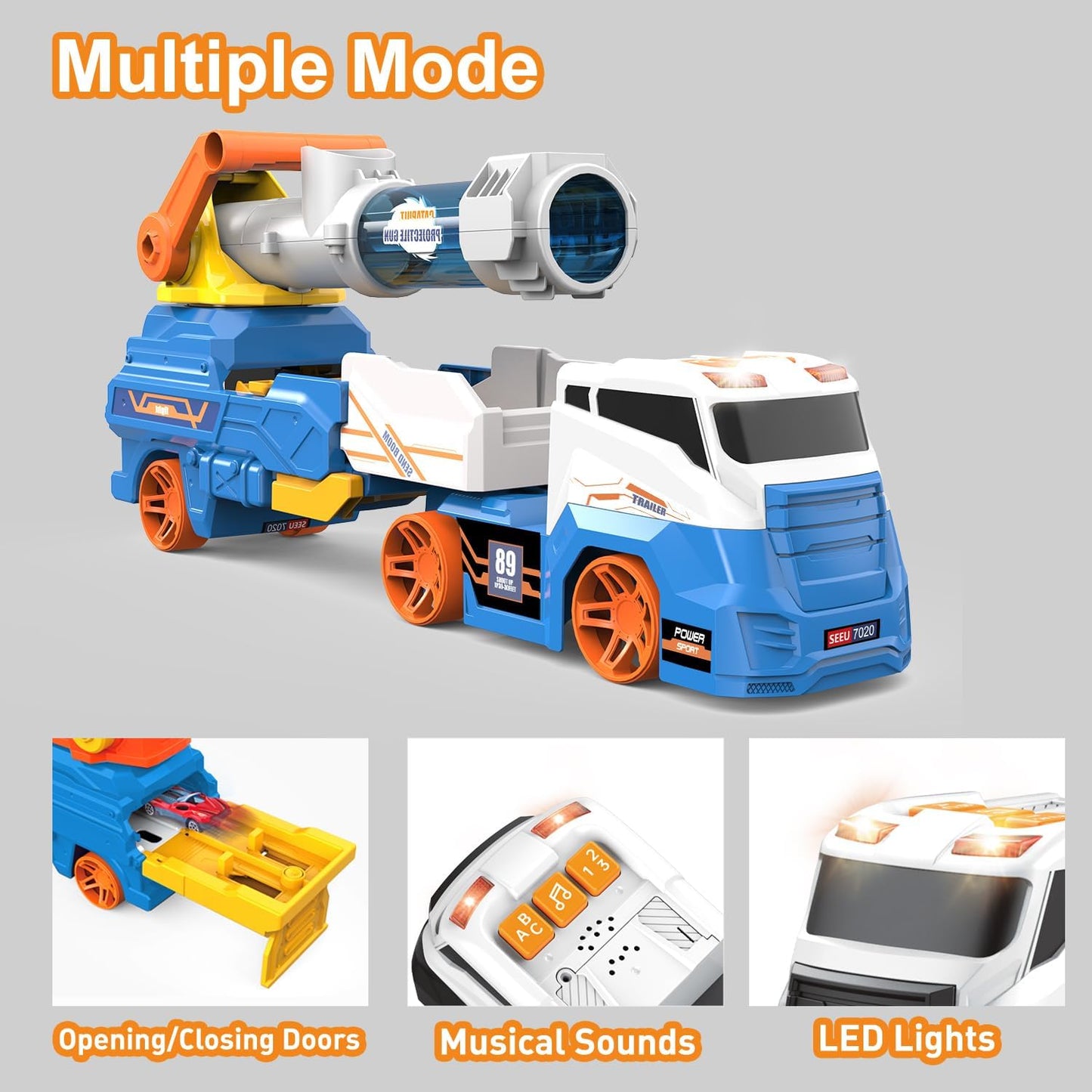 Dwi Dowellin Truck Toys for Kids, 28" Large Car Toys Include 4 Racing Cars+6 Ball, with Light & Sounds, Eejection&Shooting Transport Cars Toy, Gifts for Boys Girls 3-12 Year Old-Blue