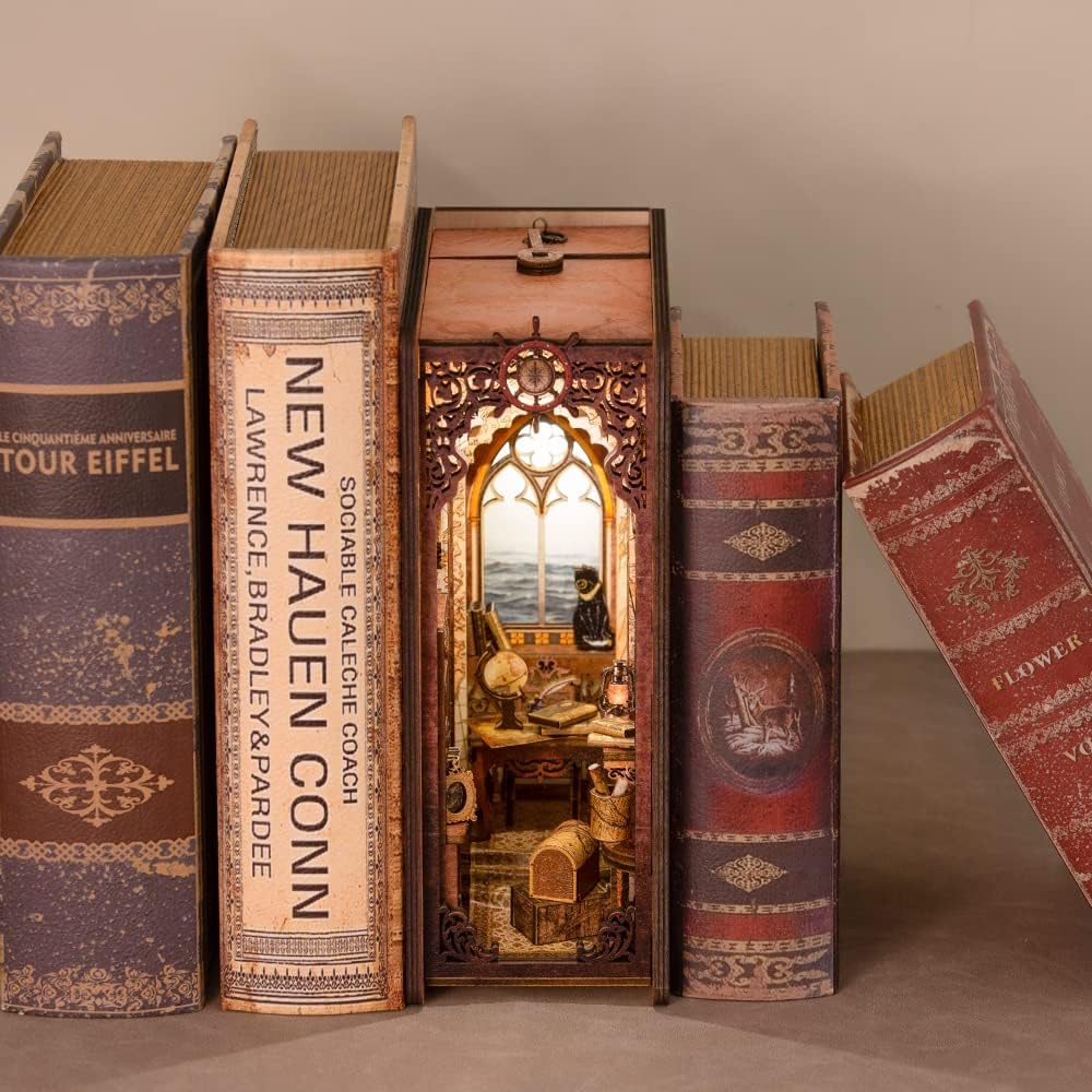 Cutefun Book Nook Kit - Decorative Bookend Alley Build Model with LED Light, DIY Miniature Dollhouse Kit 3D Wooden Puzzle for Adults, Teens, Crafts Gifts for Bookshelf Decor (Sailing Memory)