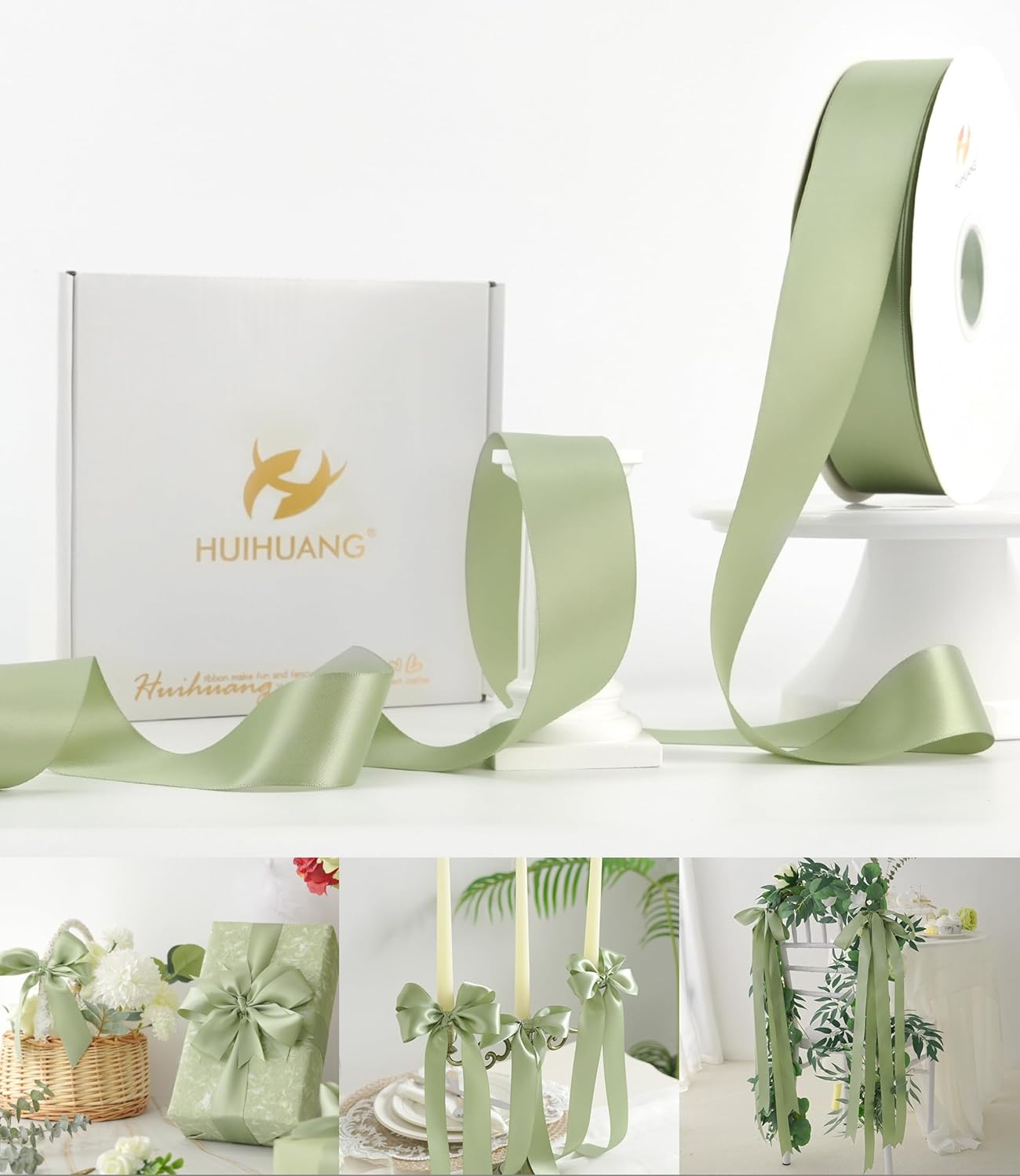 HUIHUANG Sage Green Satin Ribbon 1-1/2 inch x 100 Yards Green Double-Faced Satin Ribbon for Flower Bouquet, Gift Wrapping, Eternal Roses, DIY Crafts, Bridal Shower Wedding Decor