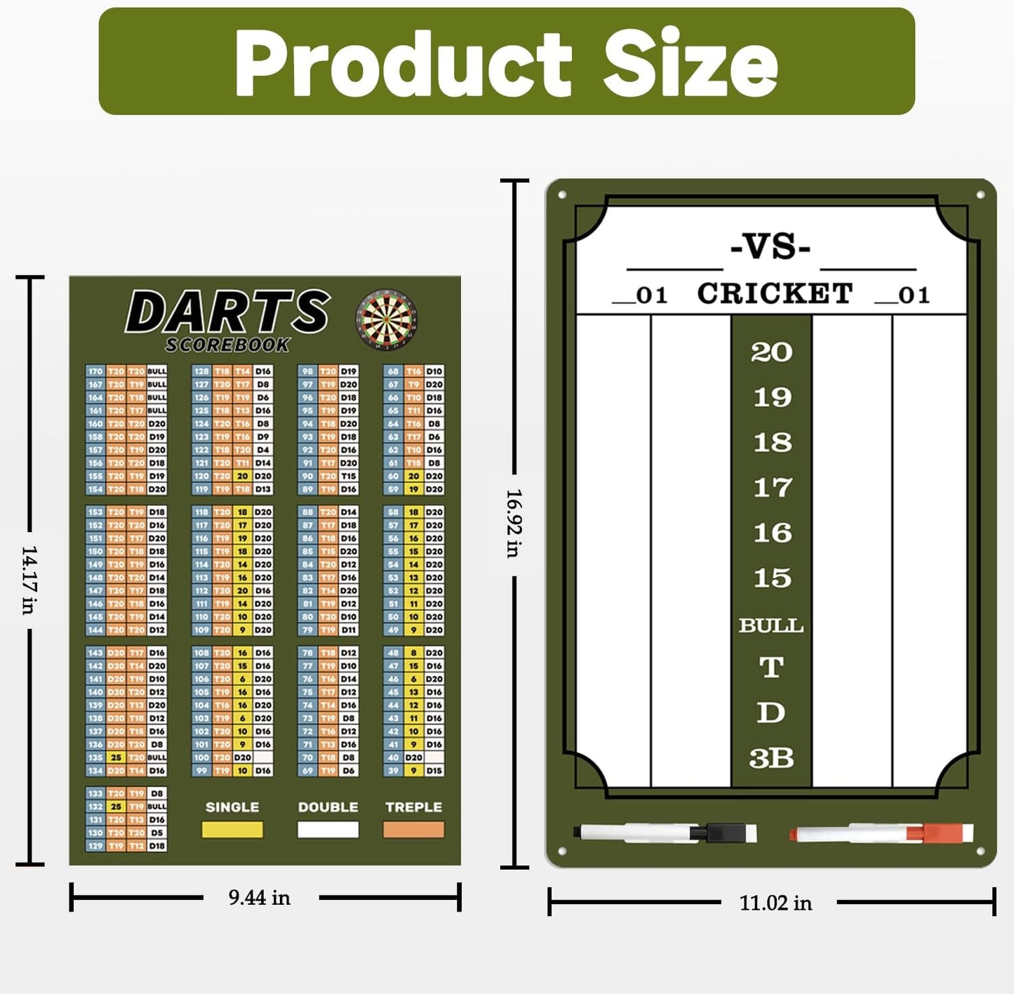 Darts Scoreboard - Dry Erase Dart Scoreboard for 301, 501 and Cricket Games - Come with Darts Scorebook & 2 Pens