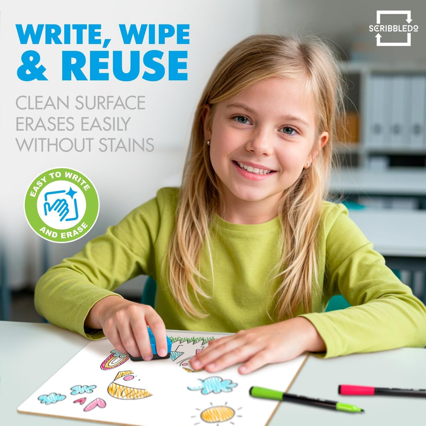 Scribbledo 6 Pack Small White Board Dry Erase Boards Classroom Pack Mini White Boards 9" x12” Personal Whiteboards for Students Teachers School Supplies Lapboards l 6 Mini Whiteboard Erasers Included