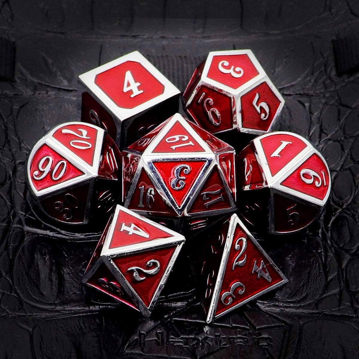 Haxtec Metal Dice Set D&D Red Silver DND Dice Set for Dungeons and Dragons RPG Games Leather Dice Bag DND Gifts-Glossy Enamel Dice (Silver Red)