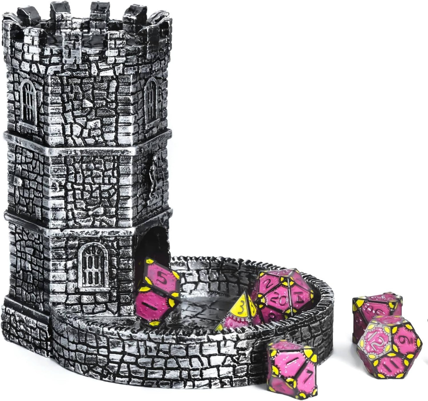 Castle DND Dice Tower, Wall Carving Dice Rolling Tower for Role Playing Game | Easy Roller Perfect for Board Game, D&D and RPG (Ancient Silver)