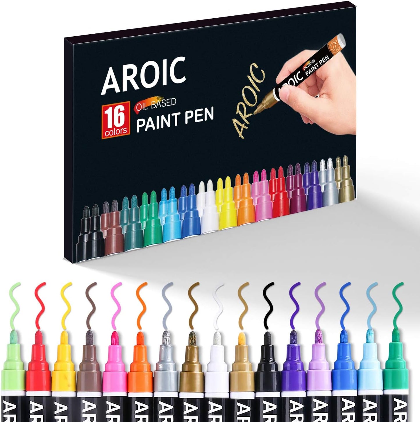 AROIC Paint Pens Paint Markers, 16 colors Oil-Based Waterproof Painting Marker Pen Set On Rock, Wood, Fabric, Metal, Plastic, Glass, Canvas, Mugs, Waterproof, DIY Craft and More