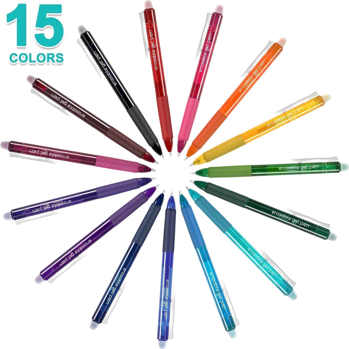 Erasable Gel Pens, 15 Colors Retractable Fine Point Erasable Pens Clicker, Assorted Color Inks, Make Mistakes Disappear for Drawing Writing Planner and Crossword Puzzles