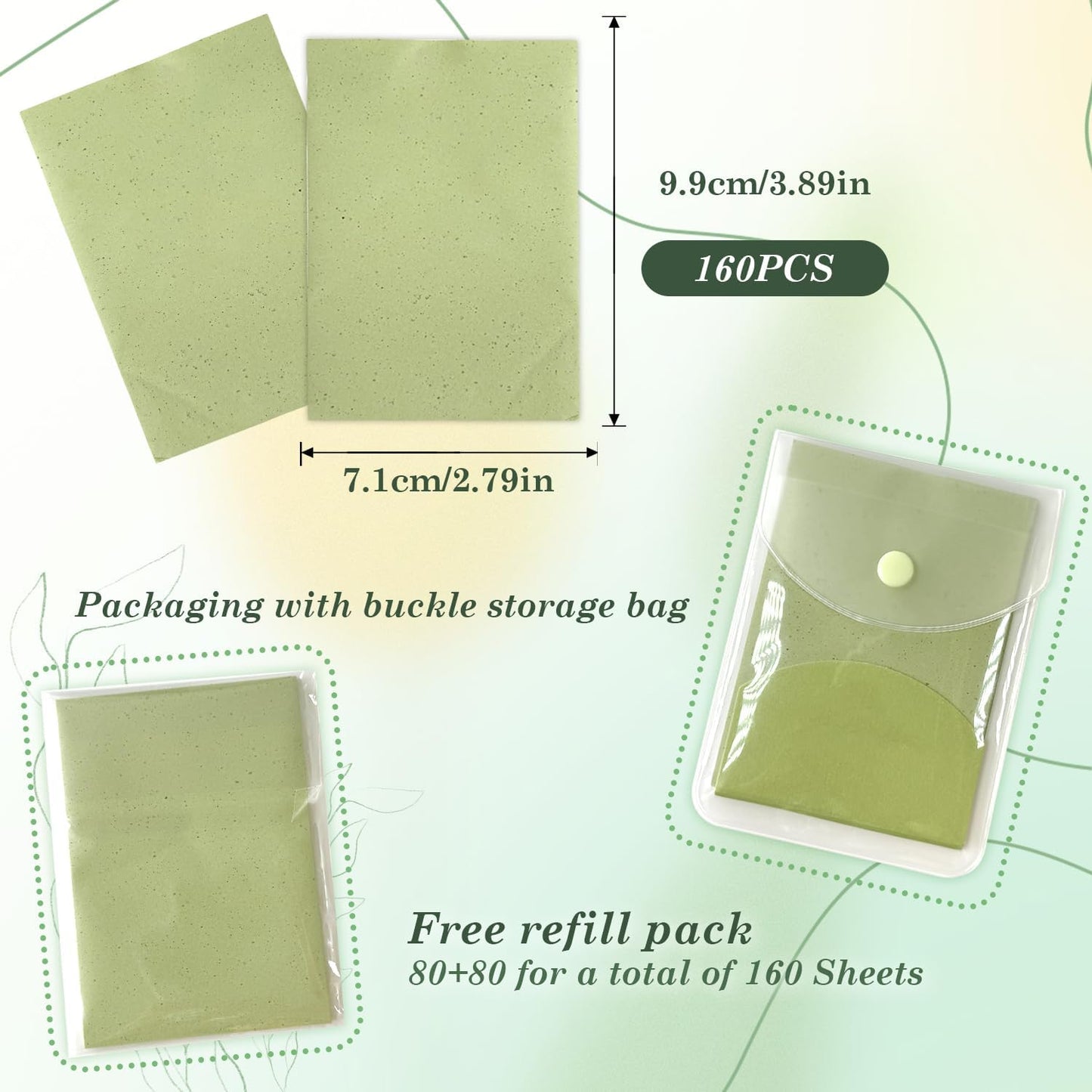 EKIND Oil Blotting Papers Replacement Packs Make Up Pads for Face Shine Control Men Women,Portable Oil Absorbing Tissues for Oily Skin(160 Sheets,Green)
