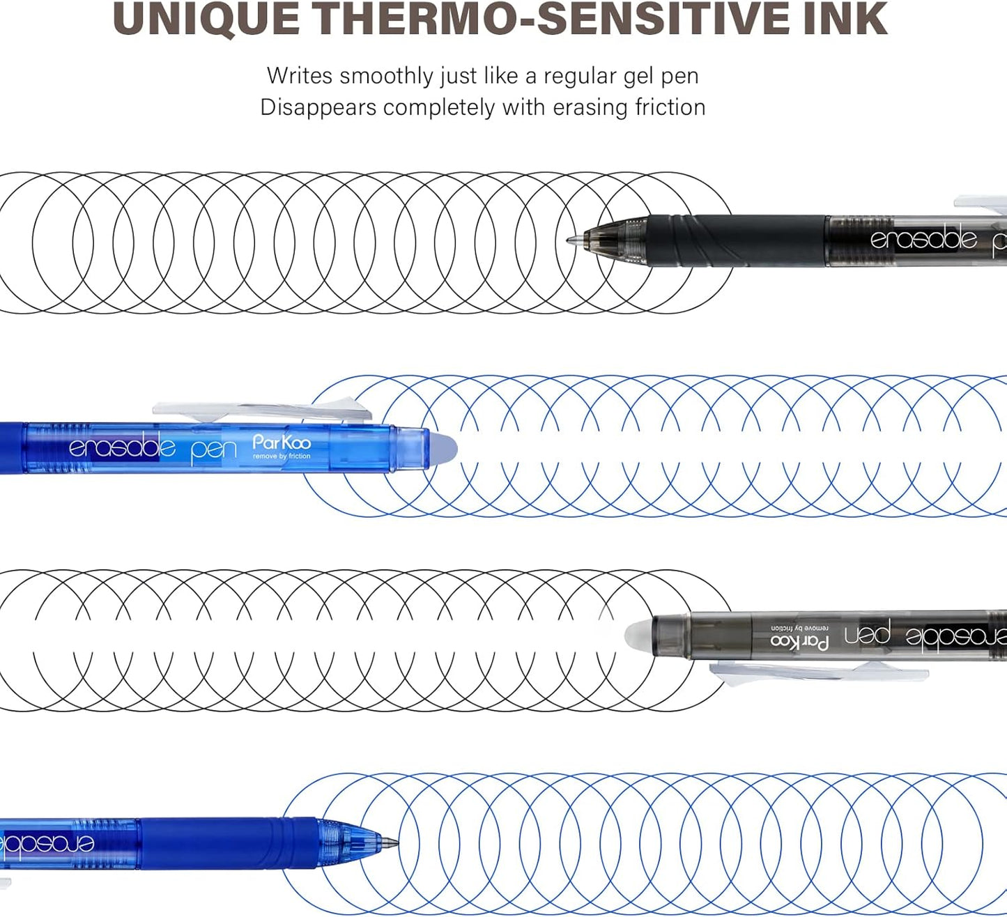 ParKoo Retractable Erasable Gel Pens Clicker Fine Point 0.7 mm, Make Mistakes Disappear, 3 Black/3 Blue Ink Pens with 4 Bonus Refills for Drawing Writing Journaling and Crossword Puzzles