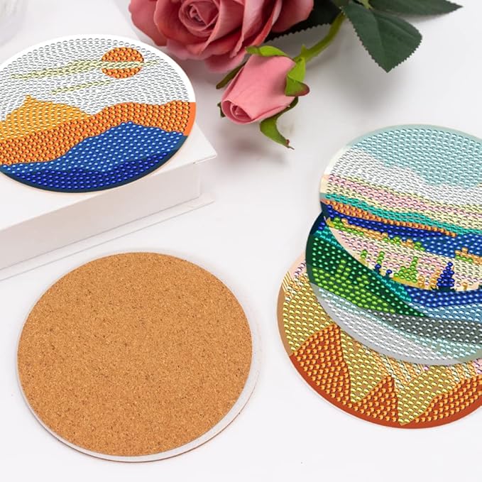8 Pcs Diamond Art Coasters Kits for Adults with Holder Cork Pads, DIY ﻿Abstract Landscape Diamond Art Dots Painting Coasters Kits for Adults Beginners, Ideal Gift