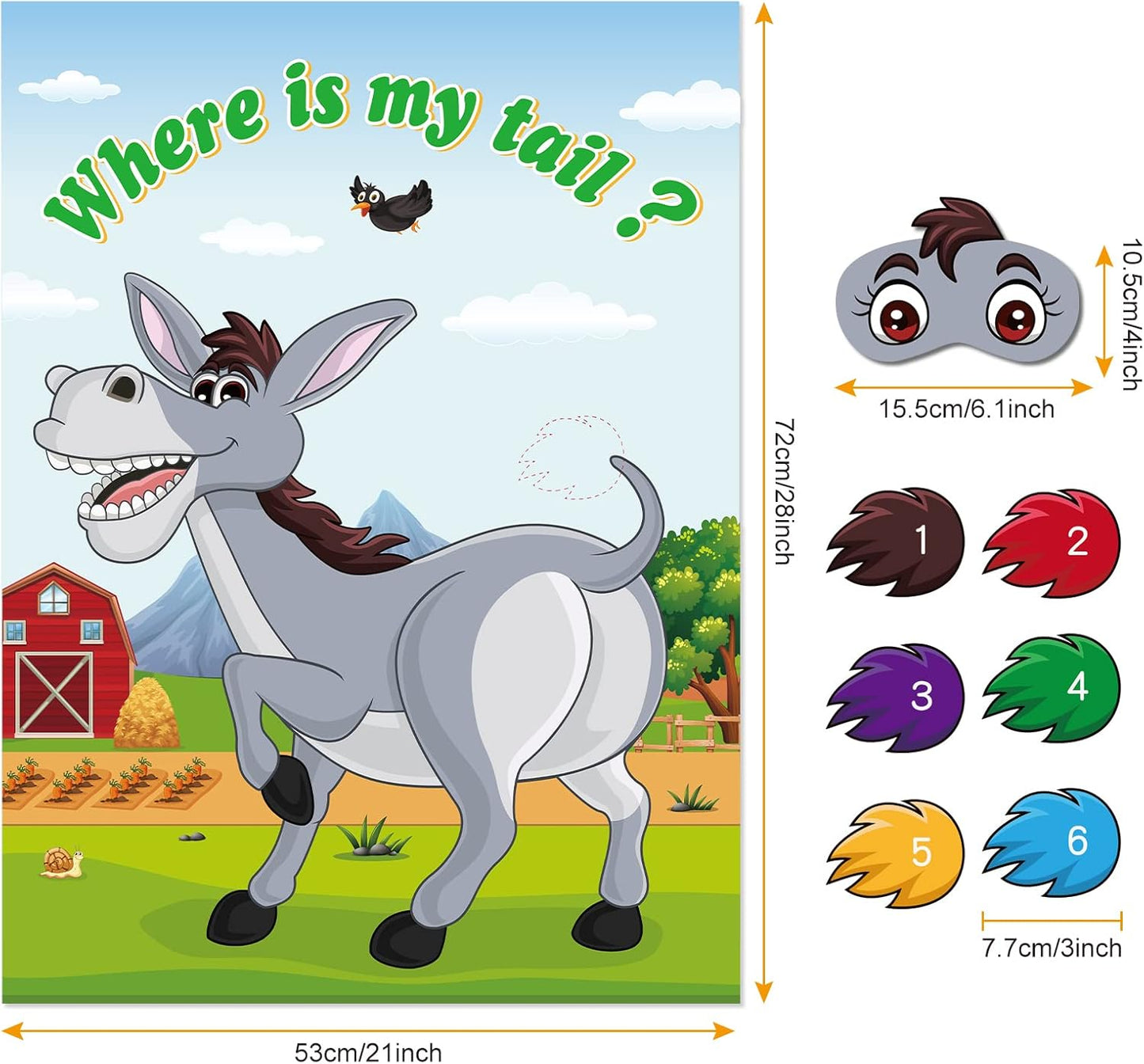 ASTARON Pin The Tail on The Donkey Game with 30 Tail Stickers for Birthday Party Carnival Circus Supplies