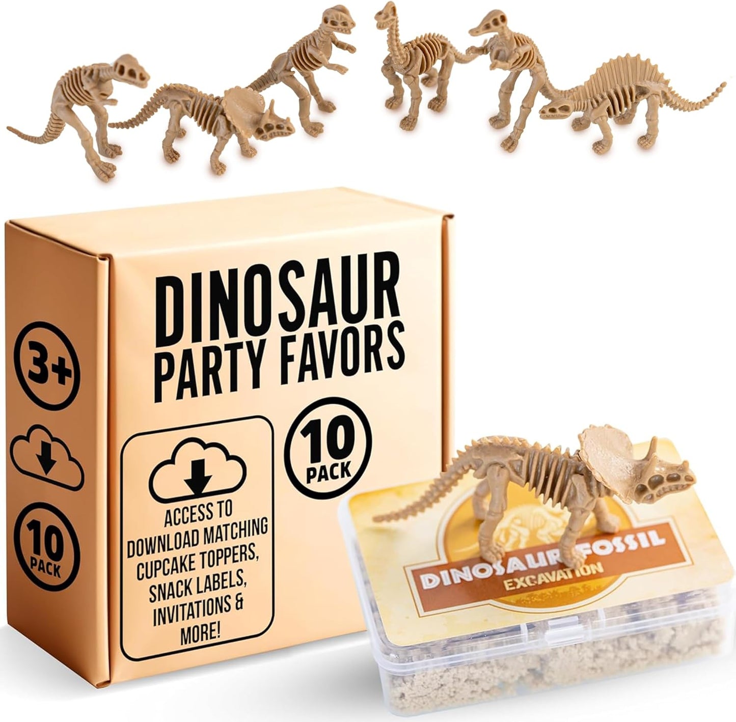Dinosaur Party Favors for Kids Pack of 10 - Dinosaur Fossils & Quartz Sand Jars - Sensory Sand for Kids to Dig Up Dino Bones - Includes Customizable Dino Decorations, Cupcake Toppers & Labels