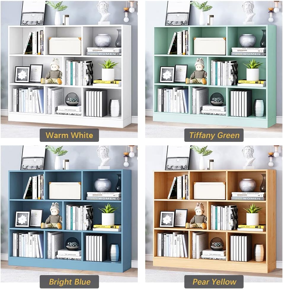 IOTXY Open Shelf Low Bookcase - Wooden 3-Tier Floor Standing Display Cabinet Organizer with Base, 8 Cubes Short Horizontal Bookshelf in Tiffany-Green