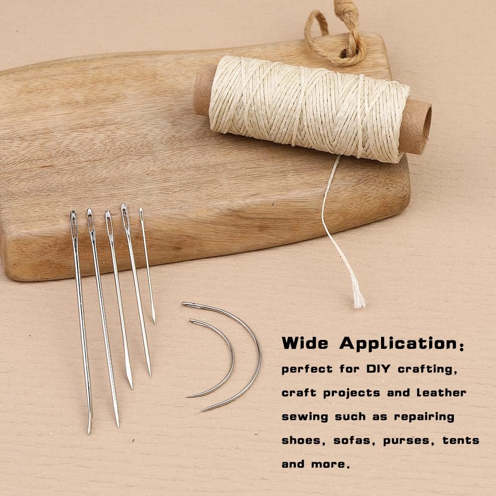 Ftyiwu Waxed Thread, Upholstery Needle and Thread 55 Yards 150D Flat Leather Sewing with 7PCS Hand Sewing Needles for Home Upholstery Carpet Canvas Repair Leather Sewing (Beige)