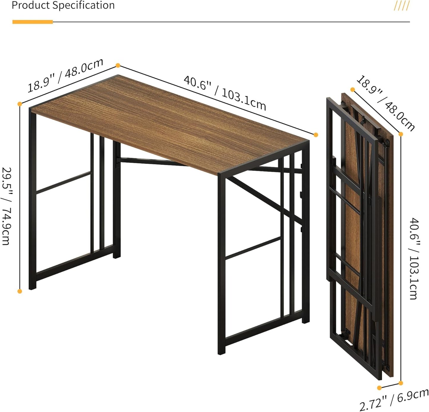 Folding Computer Desk 40 inch Writing Gaming Computer Camping Table, No Assembly Required Home Office Desk, Espresso