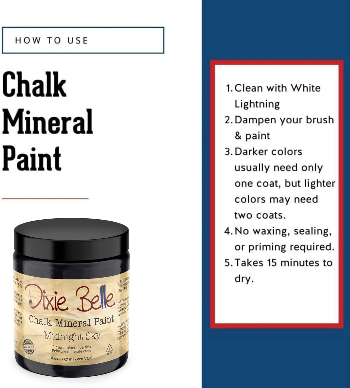 Dixie Belle Paint Company Chalk Finish Furniture Paint - Midnight Sky (8oz) - Matte Blue Black Chic Chalk Mineral DIY Furniture Paint