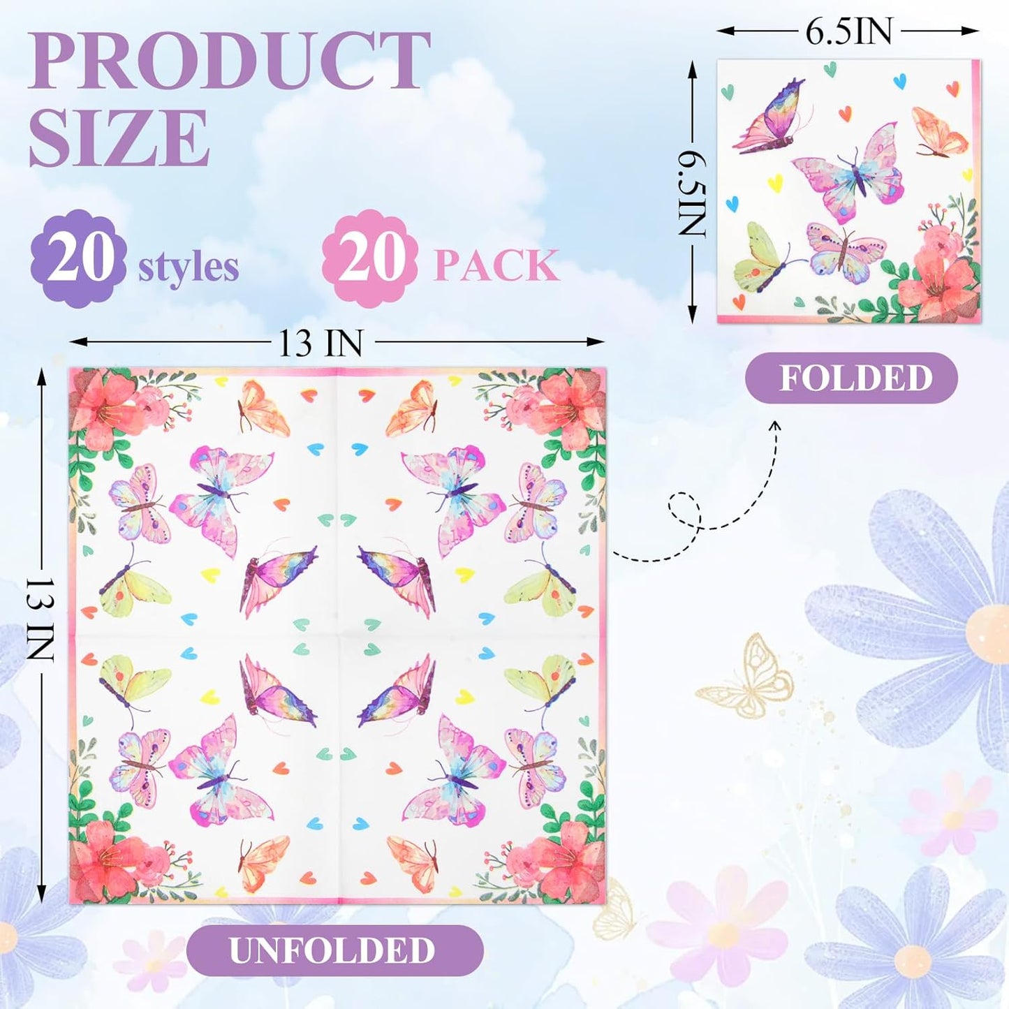Floral Decoupage Paper Napkins, 20 Pack 20 Styles Assorted Decorative Cocktail napkins for DIY rafting Birthday Party Wedding Baby Shower Each Unfolded 13 Inch