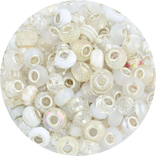 LAIDANLA White Mix Large Hole Beads, 100pcs 15mm Round European-Style Resin, Plastic, Acrylic Craft Beads for Jewelry Making, Bracelet, Necklace, Decoration