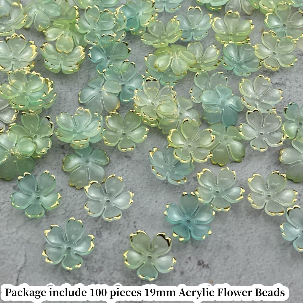 100pcs Acrylic Flower Beads, 19mm Cherry Blossom Plastic Gradient Flower Spacer Beads for DIY Crafts Bracelet Necklace Earrings Jewelry Making(Blue Green)