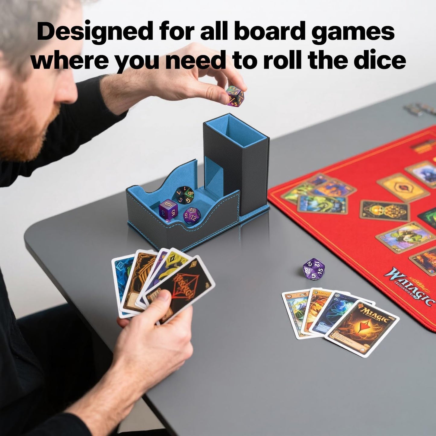 Dice Tower and Tray, Portable Commander Deck Box, Foldable Dice Storage Box for Dungeons and Dragons Rolling Tray Black/Blue