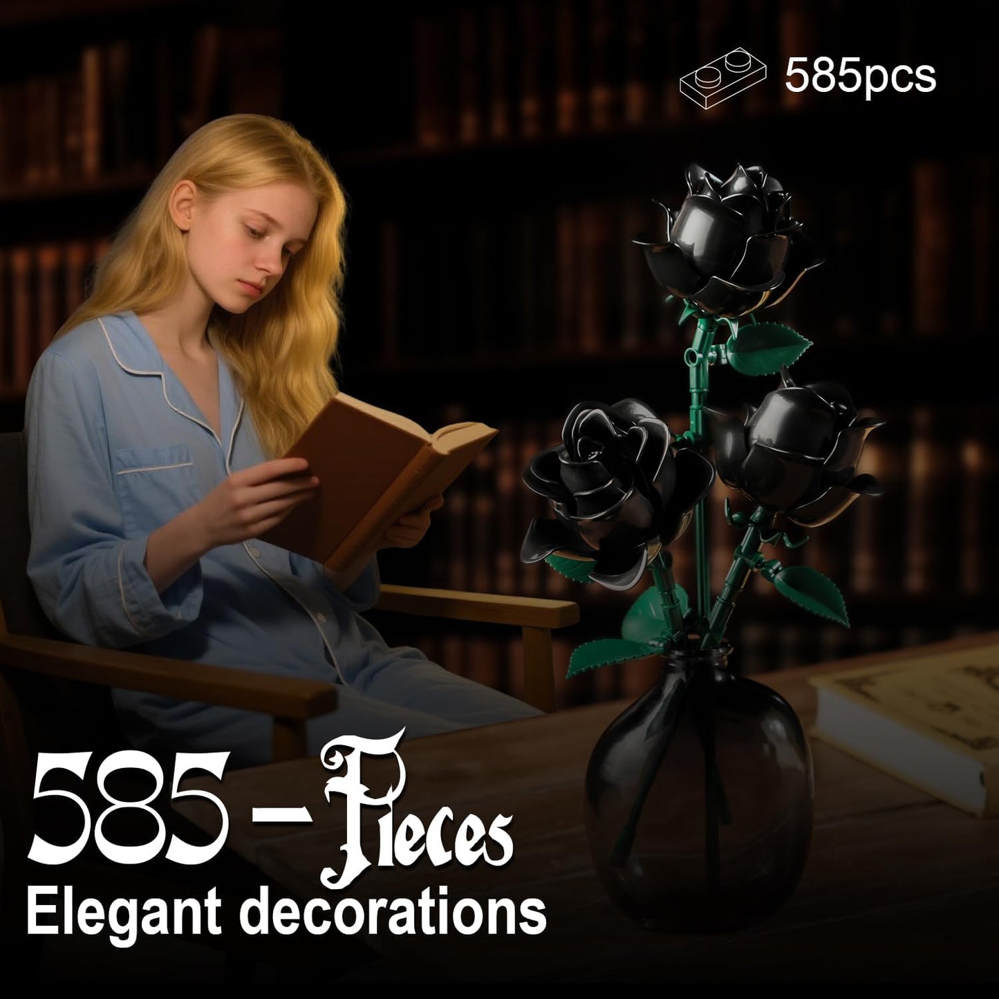 Black Roses Flower Building Set-12Pack, Compatible with Lego Bouquet for Adults,Gothic Horror Flowers Botanical, Gift for Halloween & Valentines Compatible with Lego Roses(585pcs)