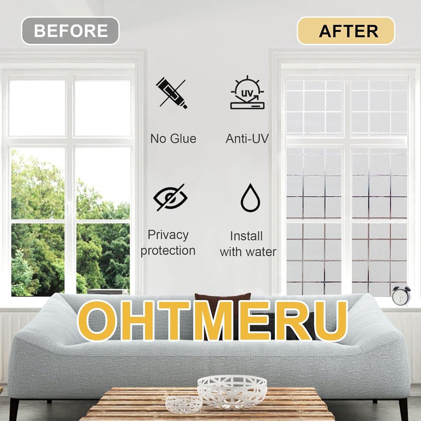 Window Privacy Film Decorative for Front Door, Bathroom Static Cling Stained Glass Sticker Opaque Heat Control UV Blocking Non-Adhesive for Home Windows,White Square