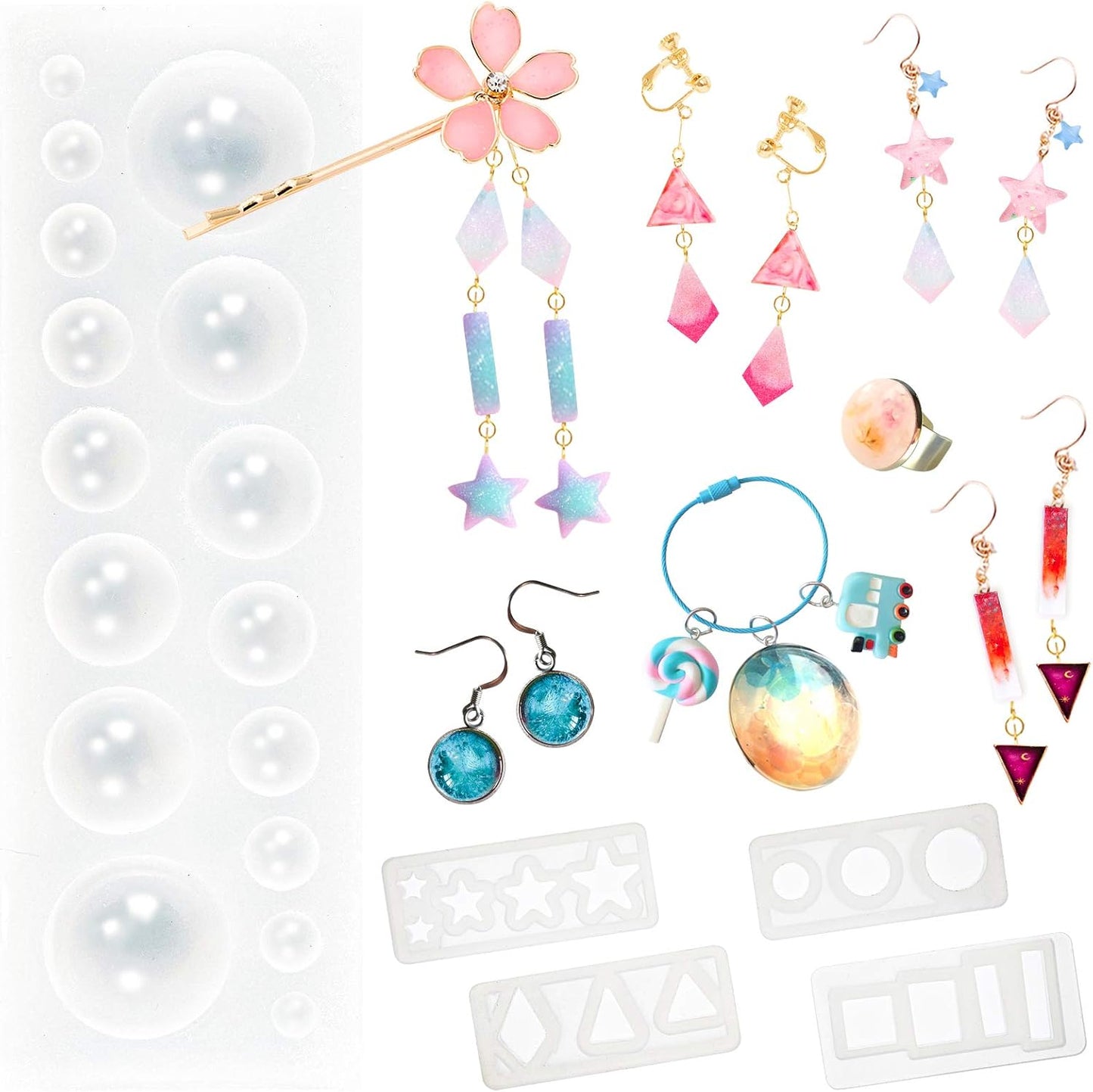 Cabochon Gemstone Silicone Mold for Fondant Cake Decoration, Polymer Clay Craft, UV Resin Epoxy Casting, Jewelry Making Shapes of Dome Circle Star Triangle Square Rectangle Bar 31-Cavity