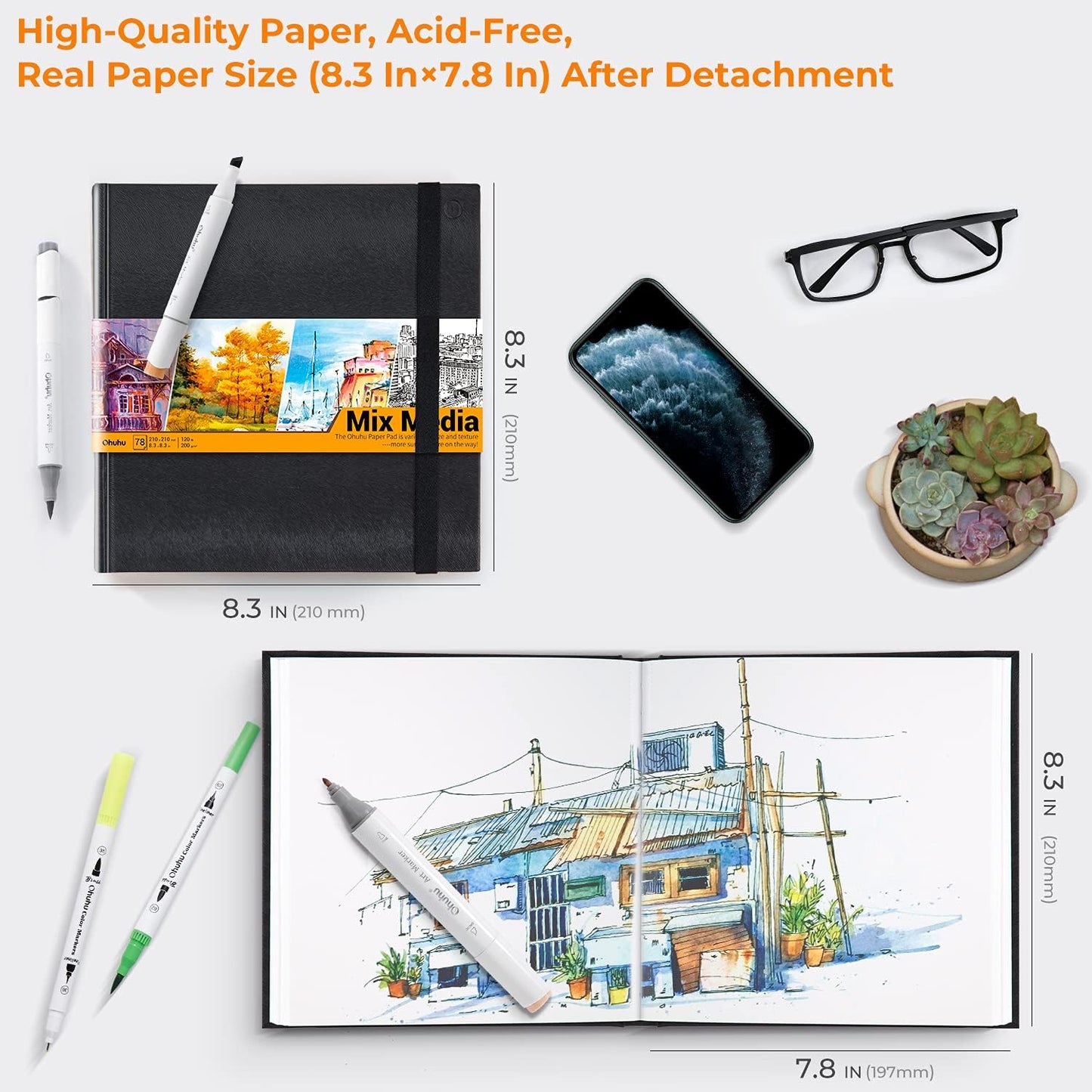 Ohuhu Mix Media Pad - 8.3"x8.3" Mixed Media Art Sketchbook, 120 lb/200 GSM Heavyweight Papers, 78 Sheets/156 Pages, PU Hardcover Mixed Media Paper Pad for Acrylic Painting Christmas Gift