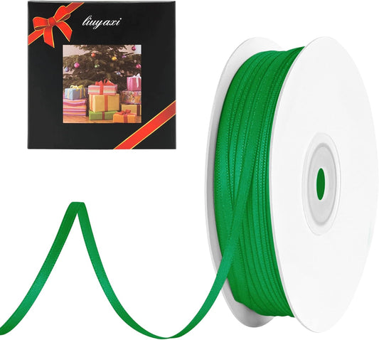 LIUYAXI Green Double Faced Satin Ribbon, 1/8" X Continuous 100 Yards, Thin Ribbons Perfect for Gift Wrapping Wedding Invitation Card Hair Bows Tag Floral Arrangement DIY Craft