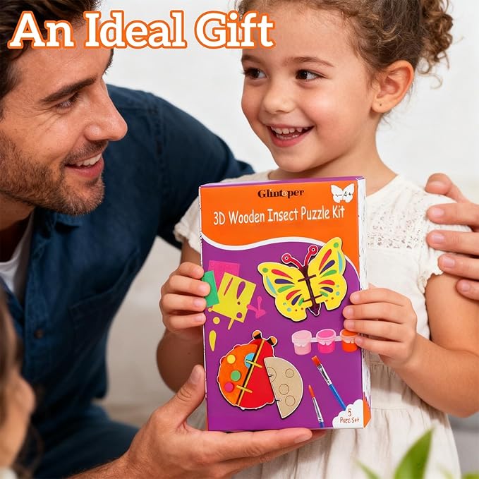 Glintoper Wooden Insect Crafts Painting Kit for Kids Boys Girls, 5 Piece Set DIY 3D Insect Puzzle with Brushes & Paint Decorate Your Own Painting Gift for Christmas Easter Birthday Party Favors