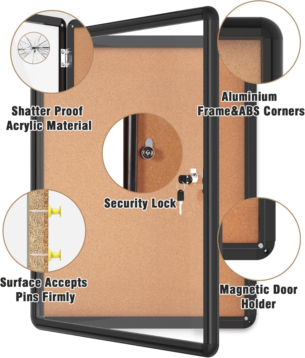 26"x20" Enclosed Bulletin Board, Lockable Weather-Resistant Aluminum Cork Noticeboard for School & Office, Black Frame w/Cork