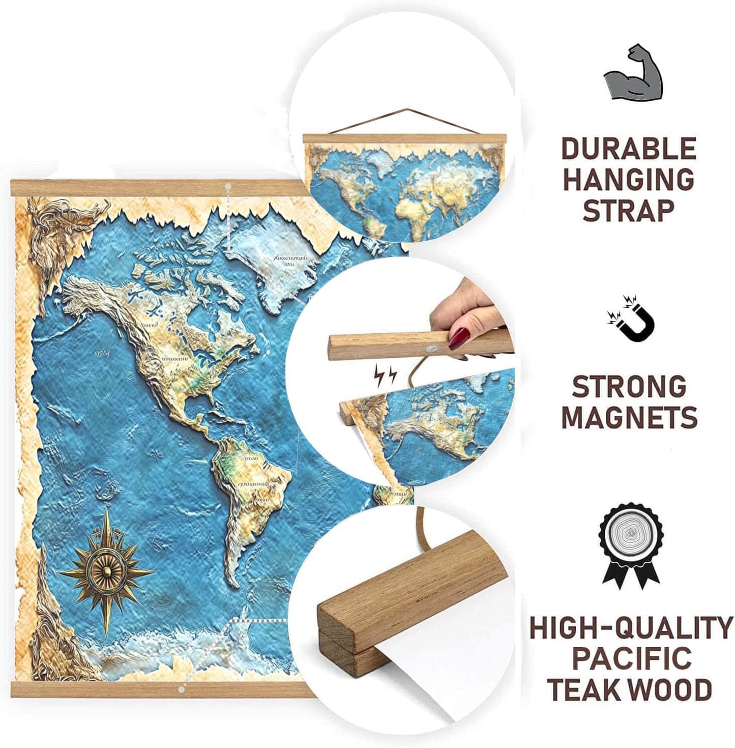 DACRI HOME 54" Magnetic Poster Hanger Frame - Sturdy Teak Wood Poster Frame, Strong Magnets for Easy Hanging Map Picture Print Scroll Wall Art 54x30 54x36 54x38 (54 Inch, Natural Wood)