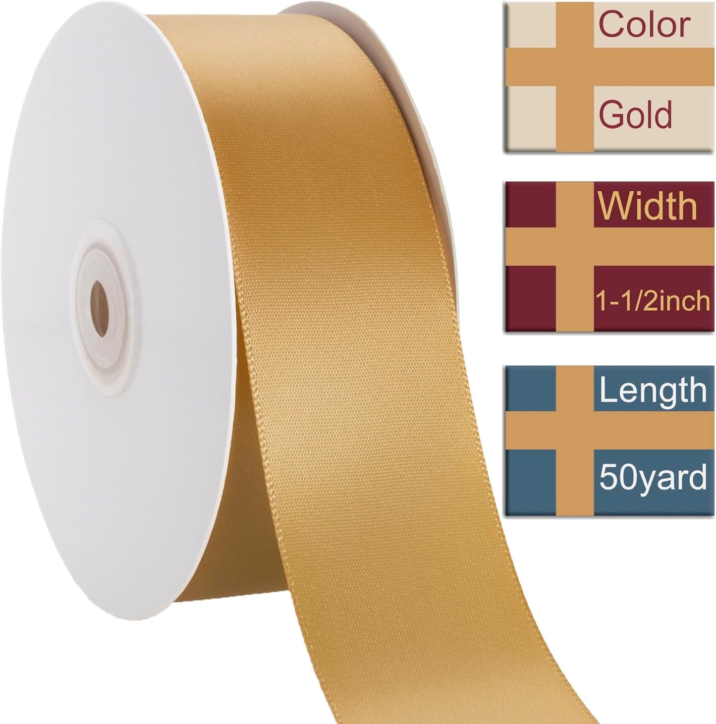 1-1/2 Inch Gold Ribbon, 50 Yards Craft Polyester Satin Ribbon Perfect for Gift Wrapping, Handmade Roses, Wedding Party Decorations and DIY Crafts