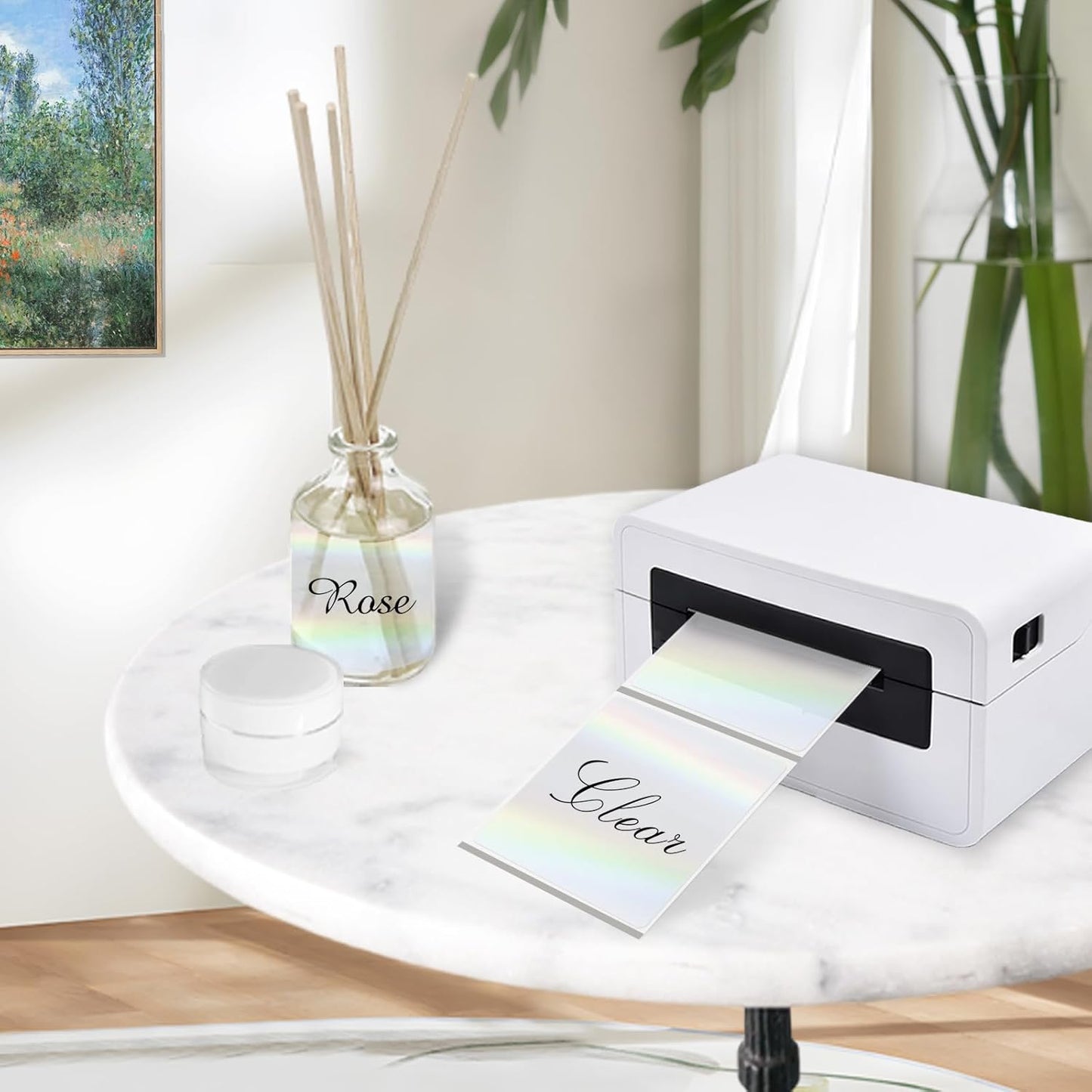 3 Inch Square Transparent Thermal Label Stickers, Holographic Clear Self-Adhesive Direct Thermal Labels, Perforation Line Design& Waterproof- 200 Sheets