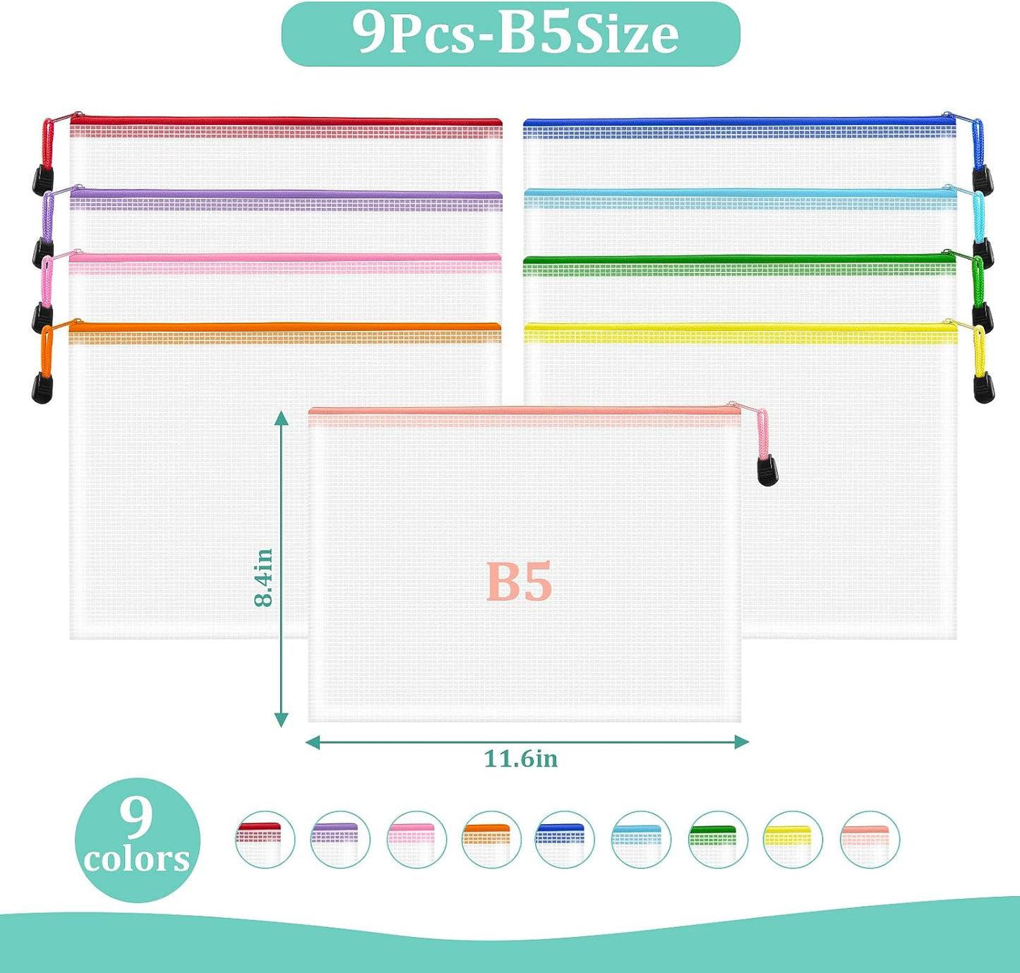 9pcs Mesh Zipper Pouch Bags, B5 Mesh Pouch, Plastic Zipper Pouches, 9 Colors for Organizing, Board Game Storage, Travel, School, Office