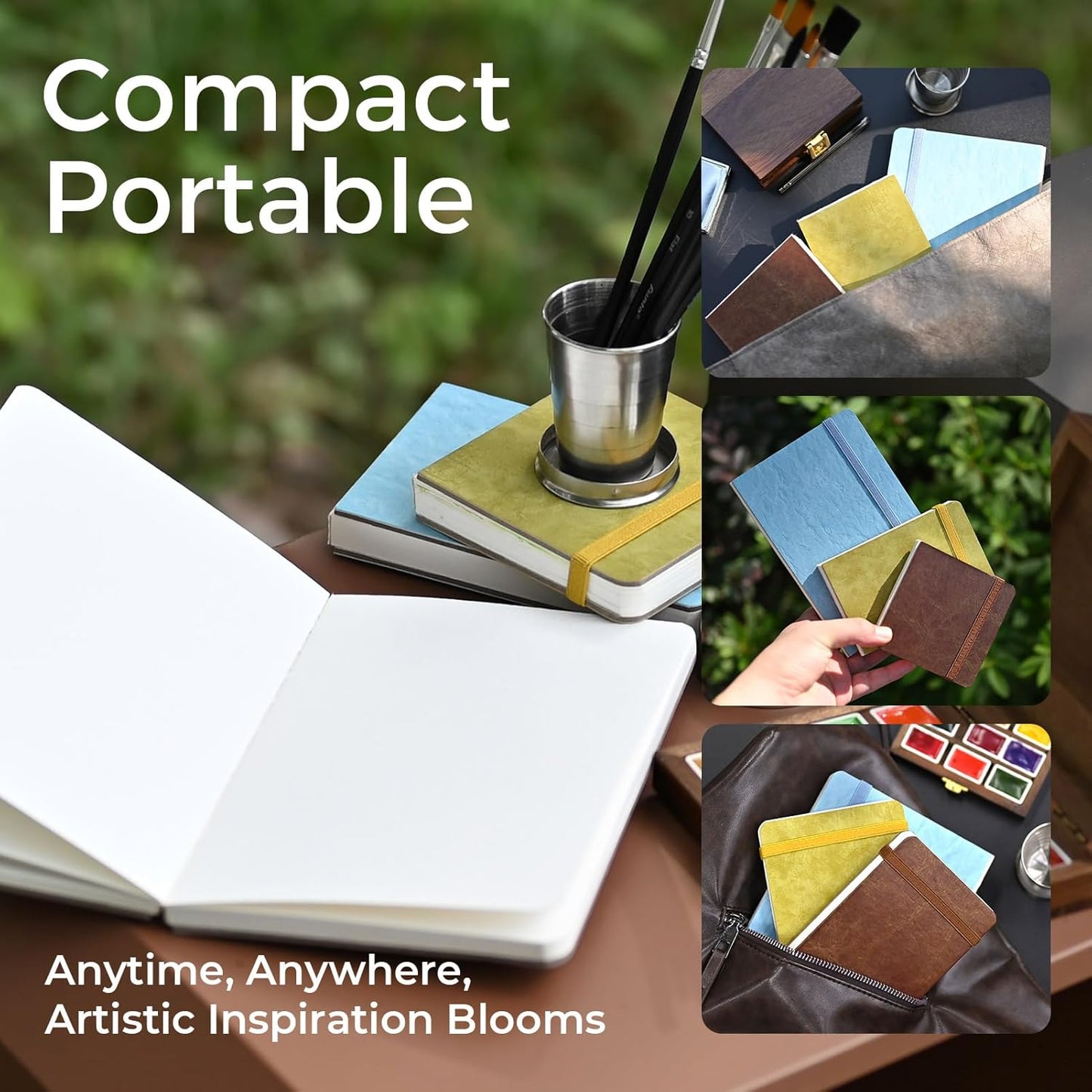 Funto Watercolor Paper Journal 2-Pack, 3.5x5.5, 44 Pages Each, 100% Cotton Cold Press, PU Leather Blue Hard Cover, Art Supplies for Mixed Media